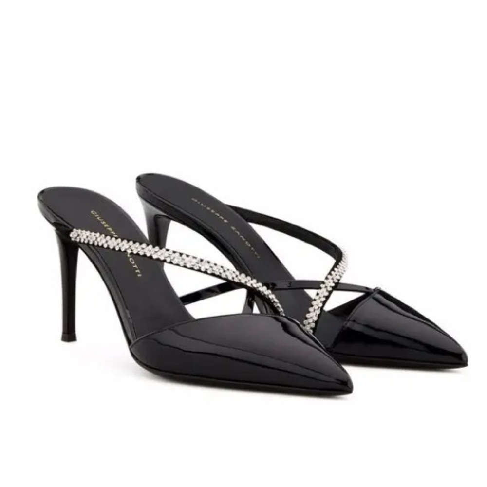 Elegant Giuseppe Zanotti Shiny Black Heels with Rhinestone Straps - Picture 4 of 12